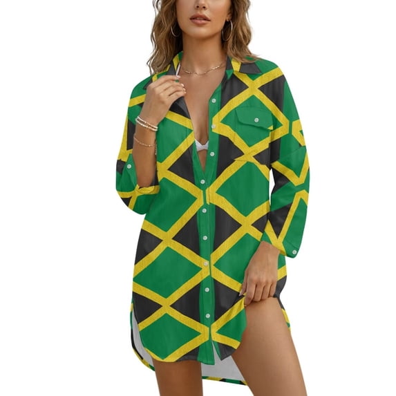 Xoenoiee Jamaica Flag Print Womens Bathing Suit Cover Ups Side Split Long Sleeve Bikini Swimsuit Coverup Button Down Beach Dress Shirt Plus Size, M