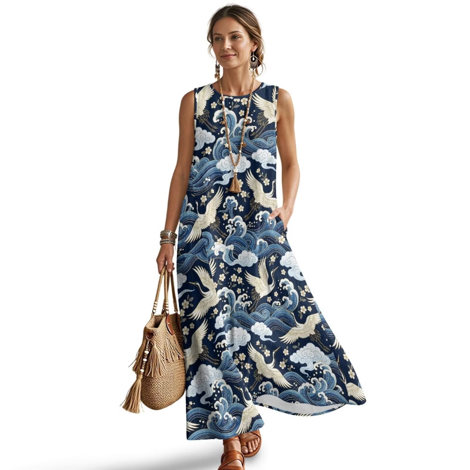 japanese style linen dresses Xoenoiee Crane Flower Cloud Waves Print Summer for Women 2026, Casual Sleeveless Crewneck Maxi Dress with Pockets, Lightweight Cotton off white cotton dress