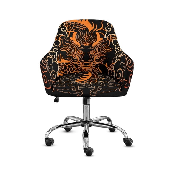 Xoenoiee Japanese Dragon Print Modern Stretch Curved Back Dining Chair Covers with Armrest, Office Desk Chair Covers Accent Dining Room Chairs Covers Slipcovers with Arms, Swivel Armchair Protector