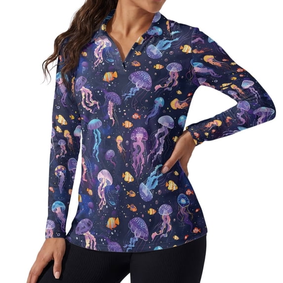 Xoenoiee Jellyfish Fish Print Womens Golf Shirt Long Sleeve Polo Shirts Quick Dry Tennis Tops V-Neck Blouses with Collar Pickleball Shirts Golf Outfits for Gym Hiking Jogging, M