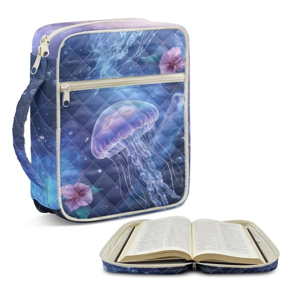 Xoenoiee Jellyfish Hibiscus Print Bible Cover Case for Men Women, Quilted Bible Cover Bible Cover Carrying Case with Handle, Zippered Bible Book Cover Holder Bag Case with Pocket
