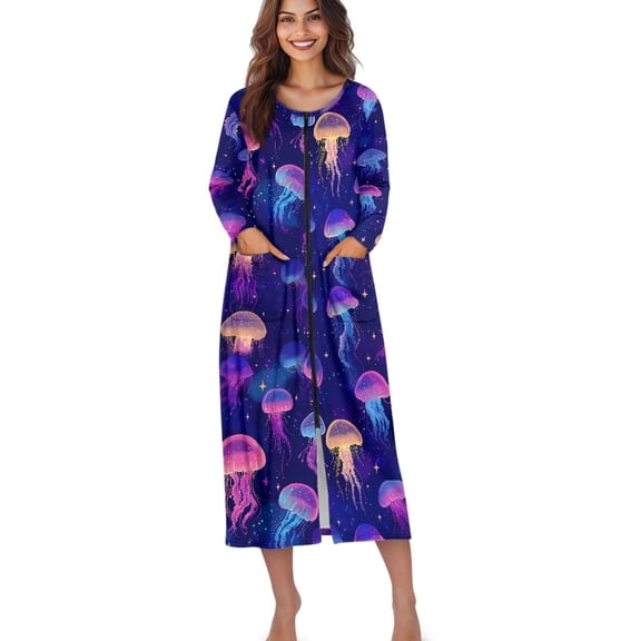 Xoenoiee Jellyfish Star Print Women's Zipper Front Robes Long Sleeve Nightgown Round Neck Sleepwear Full Length Pajama Dress with Pockets Loungewear, L