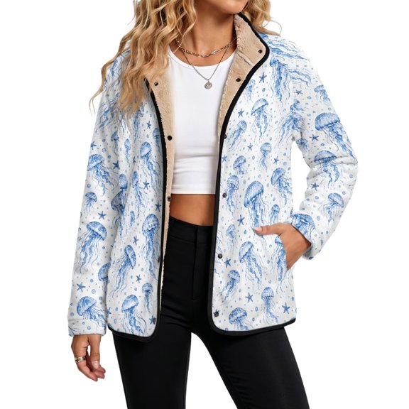 Xoenoiee Jellyfish Starfish Toile De Jouy Print Women's Fleece Jacket Fall Winter Fuzzy Sherpa Jacket Button Down Sweatshirt Coat with Pockets Mock Neck Sweater for Casual Hiking Travel, S