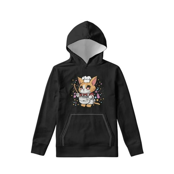 Xoenoiee Kids Hoodies Long Sleeve Sweater Splatter Cartoon Cat Chef Print Hooded Sweatshirt with Front Kangaroo Pocket Fall Winter Sportwear for Walking Hiking Jogging, L