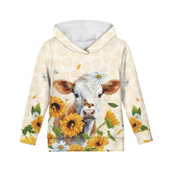 Xoenoiee Kids Hoodies Pull-Over Hoodies Hooded Sweatshirt with Front Kangaroo Pocket Long Sleeve Tops for Traveling Hiking Running, Sunflower Butterfly Daisy Cattle Cow Pattern, XL