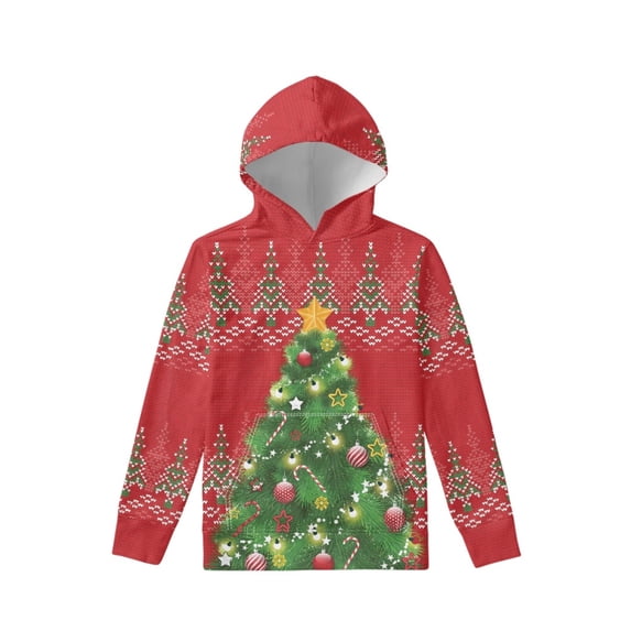 Xoenoiee Kids Hoodies Pullover Sweater Fall Winter Sweatshirt with Long Sleeve and Front Kangaroo Pocket for Traveling Hiking Jogging, Christmas Tree Bulb Candy Pattern, S