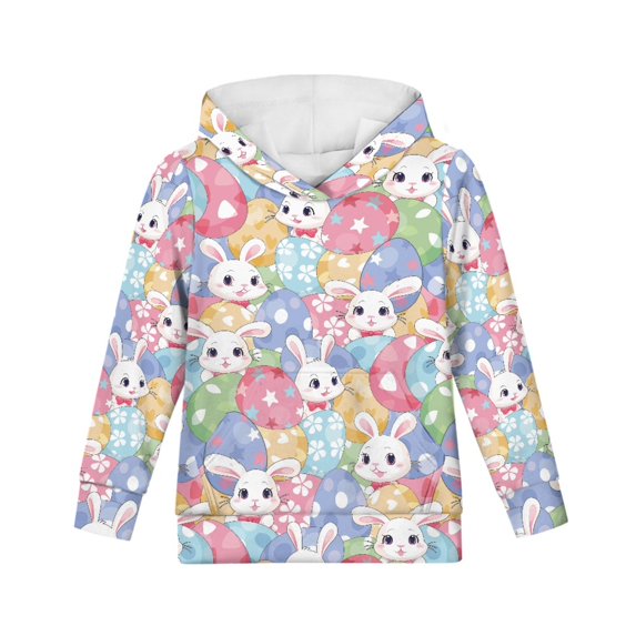 Xoenoiee Kids Long Sleeve Hooded Sweatshirt for Fall Winter Cosy Pullover Hoodies with Kangaroo Pocket Activewear for Travel Walk, Colorful Easter Rabbit Print, M