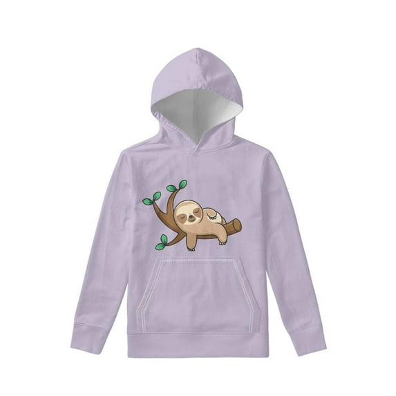 Xoenoiee Kids Sweater Branch Sloth Purple Print Pullover Hoodies for Fall Winter Hooded Sweatshirt with Front Kangaroo Pocket Long Sleeve Tops Indoor Outdoor, L