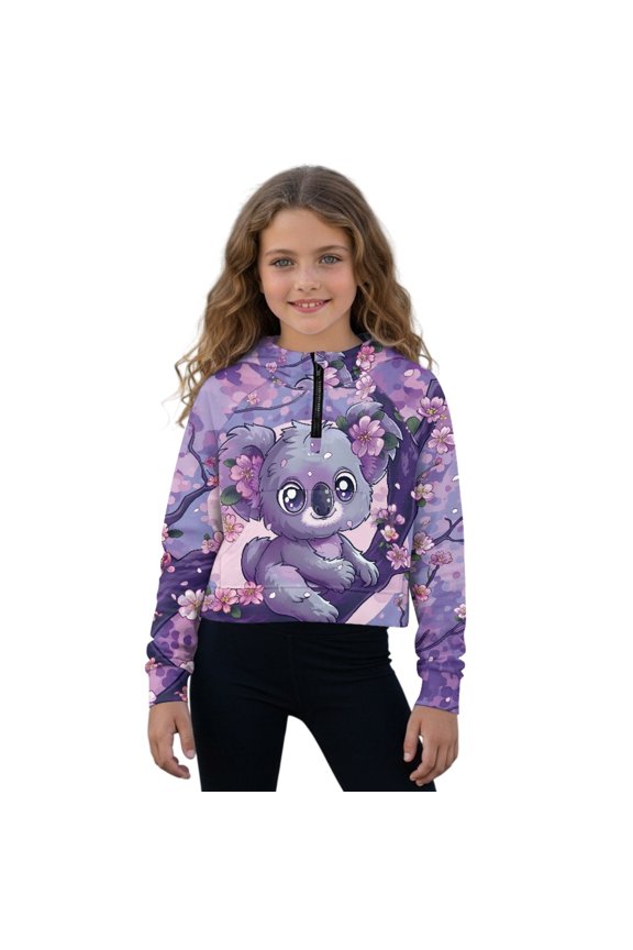 Koala Cherry Blossom Print Girls Hoodies Half Zip Cropped Fleece Sweatshirts with Pocket Kids Long Sleeve Fall Winter Clothes, 9-10 Years