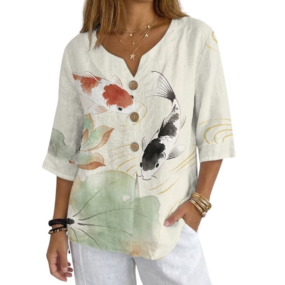 Xoenoiee Koi Fish Lotus Leaves Print Summer Linen Shirts for Women Button Down V Neck 3/4 Sleeve T-Shirt Blouse Casual Loose Basic Tunic Tops 2026, 3XL