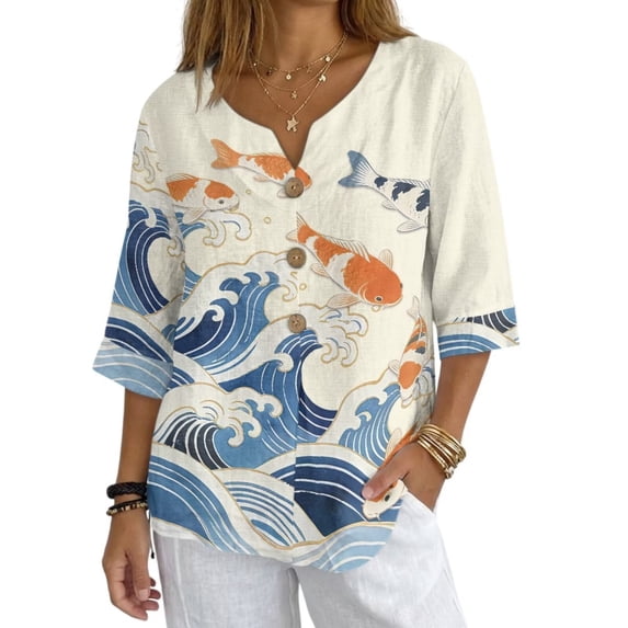 Xoenoiee Koi Fish Sea Waves Print Linen Shirts for Women Summer 3/4 Sleeve Button Down Blouse Lightweight Gauze Loose Casual Fashion Shirt Clothes, L