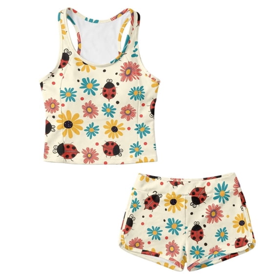 Xoenoiee Ladybug Daisy Polka Dot Print Modest Coverage Girls Tankini Swimsuits Two Piece Bathing Suits Round Neck Sleeveless Tank Top with Board Shorts, Size 12-13 Years