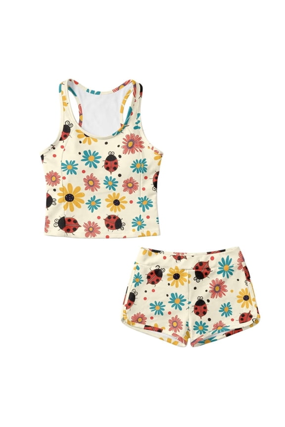 Ladybug Daisy Polka Dot Print Modest Coverage Girls Tankini Swimsuits Two Piece Bathing Suits Round Neck Sleeveless Tank Top with Board Shorts, Size 14-15 Years