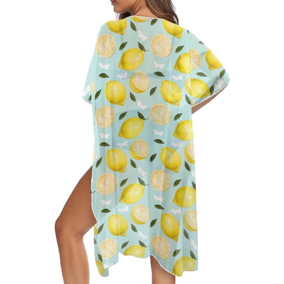 Xoenoiee Lemon Butterfly Leaves Pattern Womens Beach Cover Up Kimono Short Sleeve Swimsuit Coverup Open Front Cardigan Summer Swimwear for Beach Travel Water Activitiesty