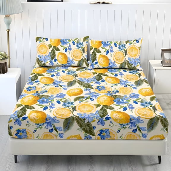Xoenoiee Lemon Floral Print 3-Piece Set Fitted Sheet & 2 Pillowcase, Soft Fitted Bottom Sheet Wrinkle Free Fade Resistant Deep Pocket Bed Sheet, King Size