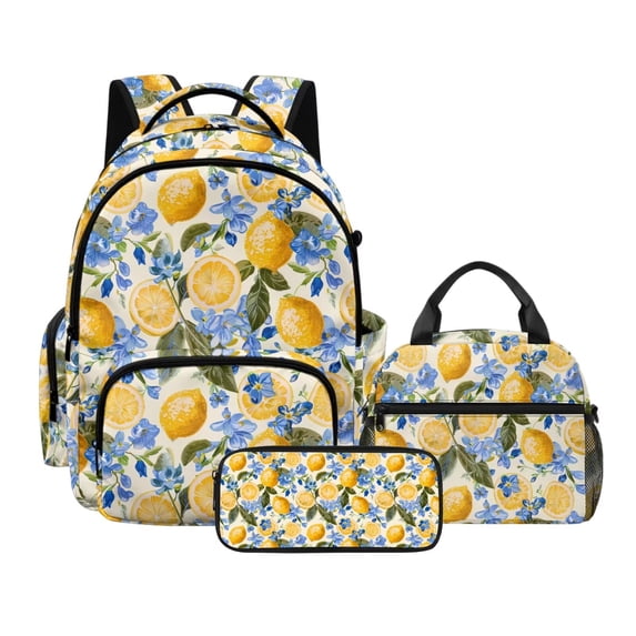 Xoenoiee Lemon Floral Print 3Pcs School Backpack Set for Teens Girls 17 Inch Bookbag + Lunch Box + Pencil Case Lightweight Elementary Schoolbags Book Bag Travel Casual Daypack