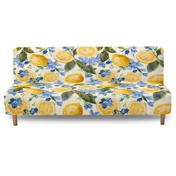 Xoenoiee Lemon Floral Print Armless Futon Cover Sofa Bed Slipcover, Full Size Futon Mattress Cover, Soft Sofa Bed Covers Stretch Furniture Protector for Pets Kids