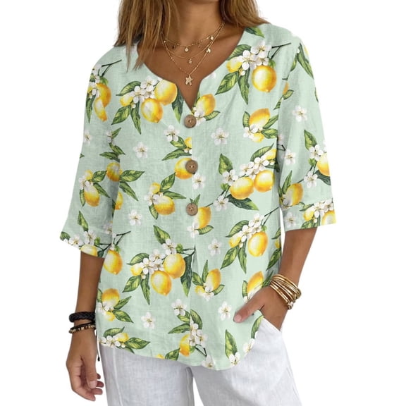 Xoenoiee Lemon Floral Print Linen Tops for Women 3/4 Sleeve Henley V Neck Cotton Shirts Casual Jacquard Button Up Pleated Blouses Tops T-Shirts, Size 4XL