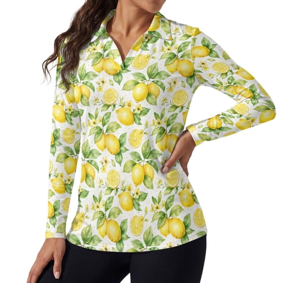 Xoenoiee Lemon Flower Leaves Print Women's Golf Polo Shirts Top Golf Polo Shirts Quick Dry Long Sleeve T-Shirts Lightweight V-Neck Golf Tennis Shirt Activewear Golf Clothes, XS
