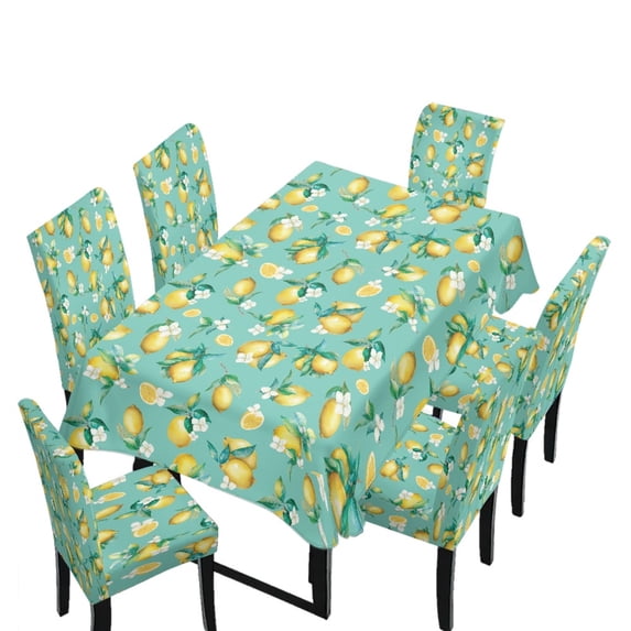 Xoenoiee Lemon Flower Pattern 7 Pcs Tablecloth Chair Covers Set Removable Washable Table Cover with 6 Stretch Seat Slip Covers for Home Hotel Dining Room Banquet Wedding Party Decor