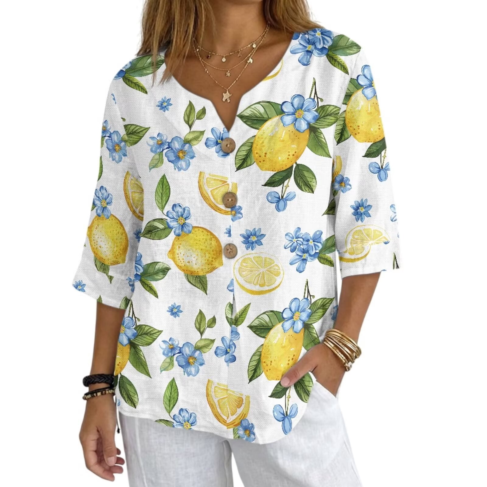 Xoenoiee Lemon Flower Print Cotton Linen Shirts for Women 2025 Summer V ...