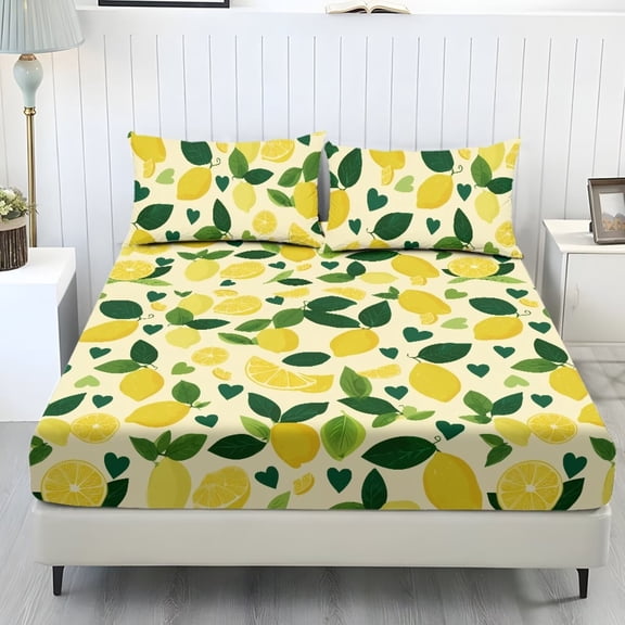 Xoenoiee Lemon Leaves Print 3 Piece Sheet Set Includes 1 Fitted Sheet and 2 Pillowcases, Soft and Breathable Microfiber Bed Sheets with Deep Pocket for Bedroom Decor, Twin Size