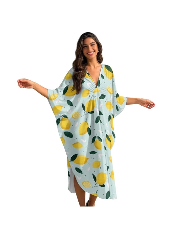 Lemon Leaves Print Kaftan Dresses for Women V Neck Summer Swimsuit Cover up Batwing Sleeve Caftan Maxi Beach Dresses Boho Moomoo Dresses