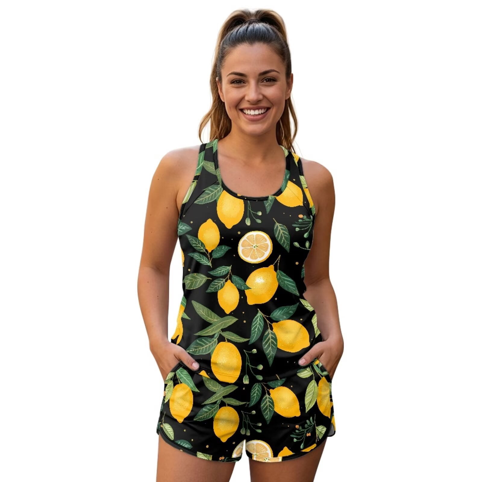 Xoenoiee Lemon Leaves Print Women's Tankini Swimsuits Tummy Control ...