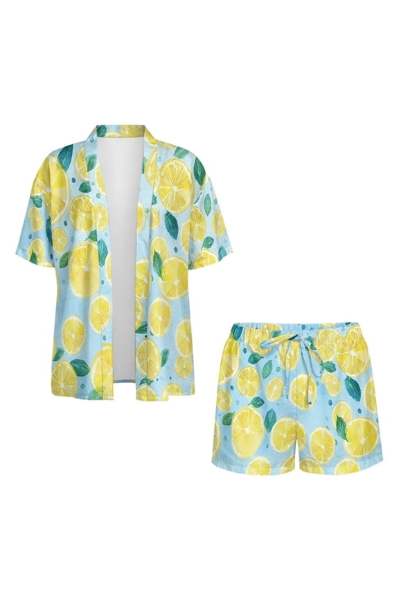 Lemon Leaves Print Womens Two Piece Outfits Summer Lounge Sets Tracksuit Half Sleeve Open Front Kimono and High Waist Shorts Set, Size S