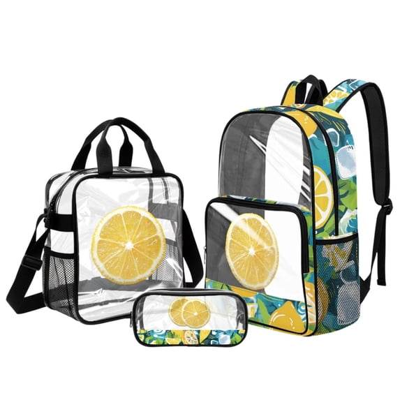 Xoenoiee Lemon Print Kids Clear Backpack with Lunch Box for Girls Transparent Backpack School Bags with Pencil Case Set of 3 School Bookbag Teens Satchel Bagpack 17inch Travel Daypack