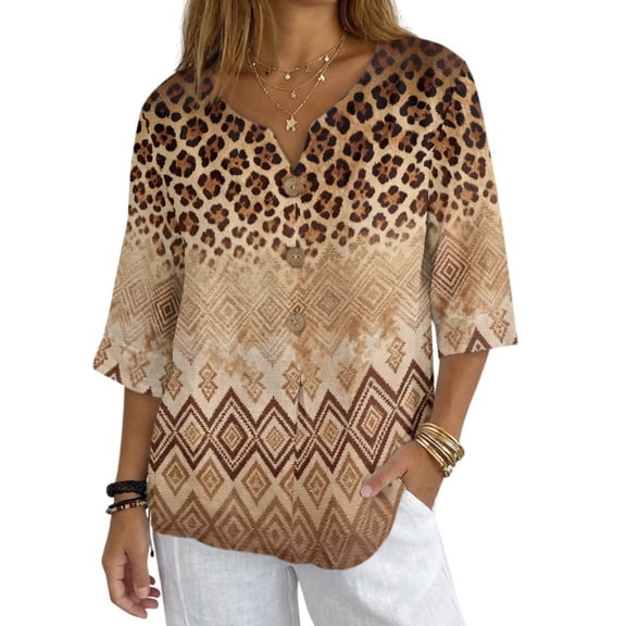 Xoenoiee Leopard Aztec American Tribal Print Womens Cotton Linen Button Down Shirts 3/4 Sleeve Casual Loose Fit V Neck Breathable Summer Spring Blouses Top, Size XL