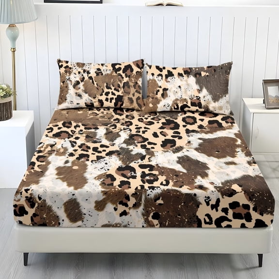 Xoenoiee Leopard Cow Print Bed Sheet Set, Soft Bedding Set, 1 Fitted Sheet and 2 Pillowcases, Breathable Comfortable Sheets for Bedroom, Twin XL Size