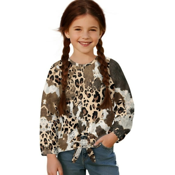 Xoenoiee Leopard Cow Print Tie Knot Front Shirt for Girls Long Sleeve Crop Tops Loose Round Neck Blouse Fall Outfits for Kids Teens, 11-12 Year