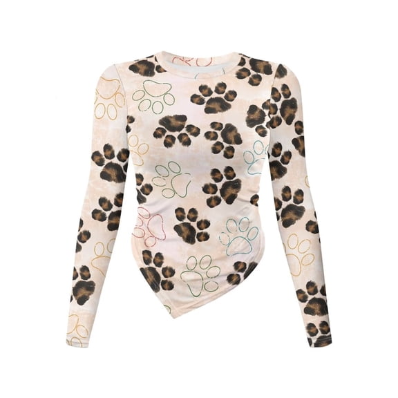 Xoenoiee Leopard Dog Paw Print Women's Long Sleeve Shirts Lightweight 2026 Fall Going Out Asymmetrical Crop Tops Slim Fit Ruched Y2K Clothes, Size M