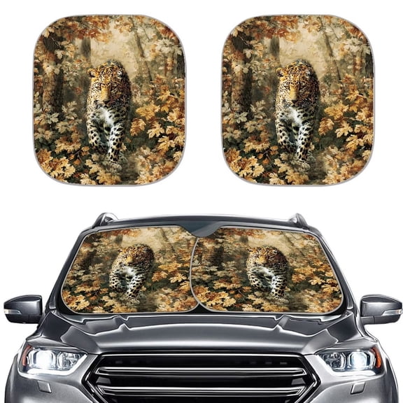 Xoenoiee Leopard Forest Camo Print Sun Shade for Car Windshield, Foldable Auto Sun Shield Sun Heat and UV Protection Automotive Interior Sun Protection, Pack of 2