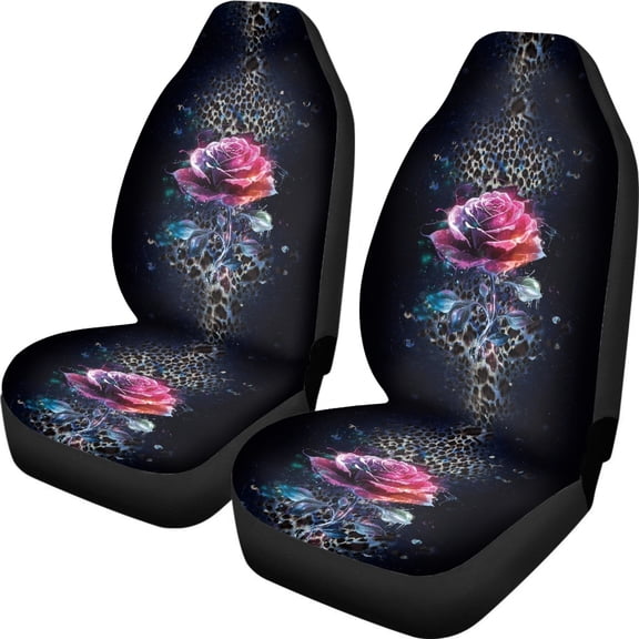 Xoenoiee Leopard Rose Flowers Print 2pcs Car Seat Covers Vehicle Front Seats Covers Protector Bucket Seat Cover Auto Seat Cover Breathable Stretchy Driver Seat Covers