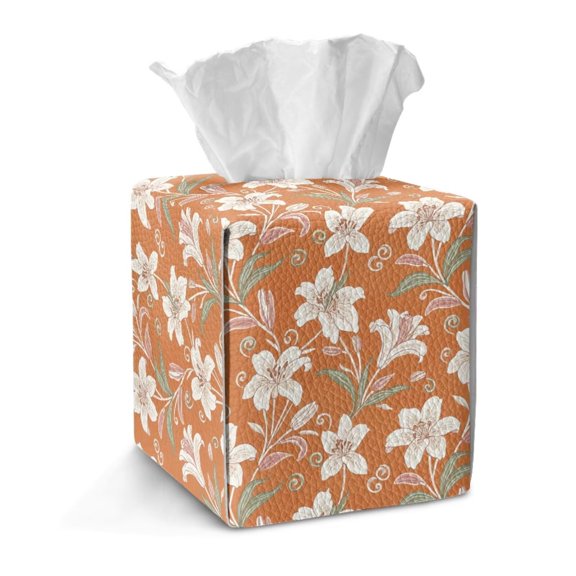 Xoenoiee Lily Flower Print Tissue Box Cover Square PU Leather Tissue Box Cover Holder with Bottom Snap Decorative Organizer for Tabletop, Bathroom, Car, Office, Kitchen