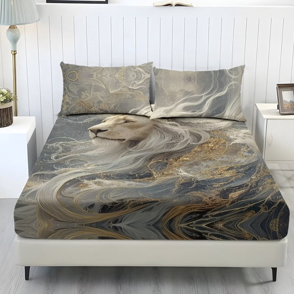 Xoenoiee Lion Marble Print 3 Pieces Bedding Sheet Set with Deep Pocket Soft Stretchy Bedding Set with Elastic Band Snug Fit Bedsheet, King Size