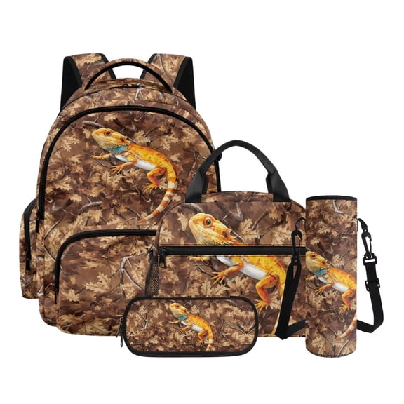 Xoenoiee Lizard Hunting Camo Print Backpack for Boys 4 In 1 Bookbag with Lunch Box Pencil Case Water Bottle Sleeve Kindergarten Elementary Middle School Bag Student Satchel Daypack Bagpack