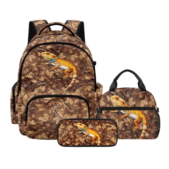 Xoenoiee Lizard Hunting Camo Print Backpack for Girls Boys Middle School Bag with Lunch Bag and Pencil Case 3 In 1 Set Elementary Bookbag School Back Packs for Kids Daycare Satchel Rucksack
