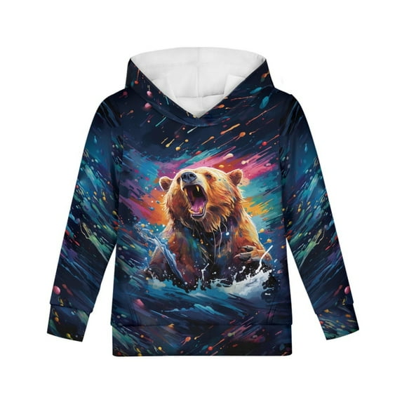 Xoenoiee Long Sleeve Sweater Hooded Sweatshirt Pullover Hoodies Activewear with Front Kangaroo Pocket Fall Winter Tops for Kids Travel Workout, Splatter Watercolor Bear Pattern, M