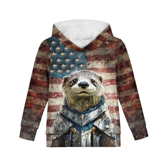 Xoenoiee Long Sleeve Sweatshirt Hooded Warm Hoodies for Boys Girls, Vintage Camo American Flag Otter Knight Print Athletic Playwear for Kids Travel Walk Workout, L