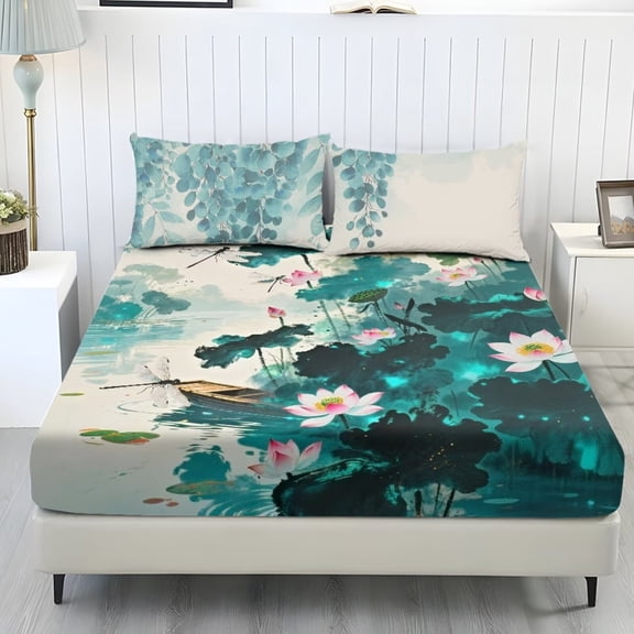 Xoenoiee Lotus Flower Dragonfly Boat Print Fitted Sheet Set with 2 Pillowcase Lightweight Soft Wrinkle Free Breathable Microfiber 3 Piece Fitted Sheet Set with Deep Pockets, King Size