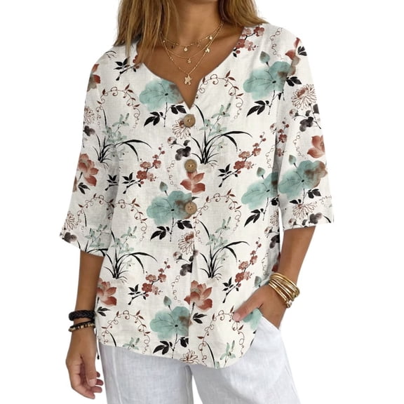 Xoenoiee Lotus Flower Leaves Plum Blossom Print Linen Shirts for Women Summer 3/4 Sleeve Button Down Shirt Lightweight Gauze Tops Loose Casual Blouses Clothes, Size XL