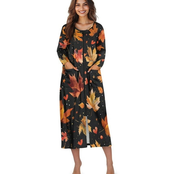 Xoenoiee Maple Leaves Heart Print Women Zipper Robe Thanksgiving Long Sleeve Loungewear Dress Full Length Sleepwear with Pockets Soft Housecoat Nightgown Long Bathrobe, L
