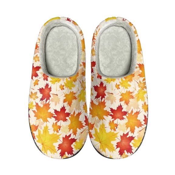 Xoenoiee Maple Leaves Pattern Fuzzy Slippers Cosy Slippers for Winter Warm Slippers with Non-Skid Sole for Women Men Indoor Outdoor Slip-On House Shoes, 10-11 W/9-10 M