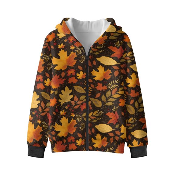 Xoenoiee Maple Leaves Print Hoodies Sweatshirt for Teen Boys Girls Thanksgiving Lightweight Hooded Long Sleeved Pullover Tops Coat Athletic Joggers Shirt with Pocket and Zipper, 14-16 Years