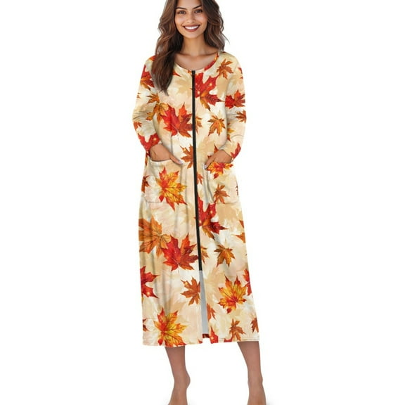 Xoenoiee Maple Leaves Print Long Sleeve Nightgowns for Women Thanksgiving Long Sleepshirts Zip Up Robe Gowns Sleepwear Full Length Sleep Dress with Pockets, 3XL