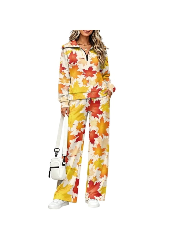 Maple Leaves Print Lounge Sets for Women Airport Travel Outfits Thanksgiving 2 Piece Sets Zip Up Sweatsuits Comfy Matching Set Clothing Early Fall Must Haves 2026 Wide Led Pant, S
