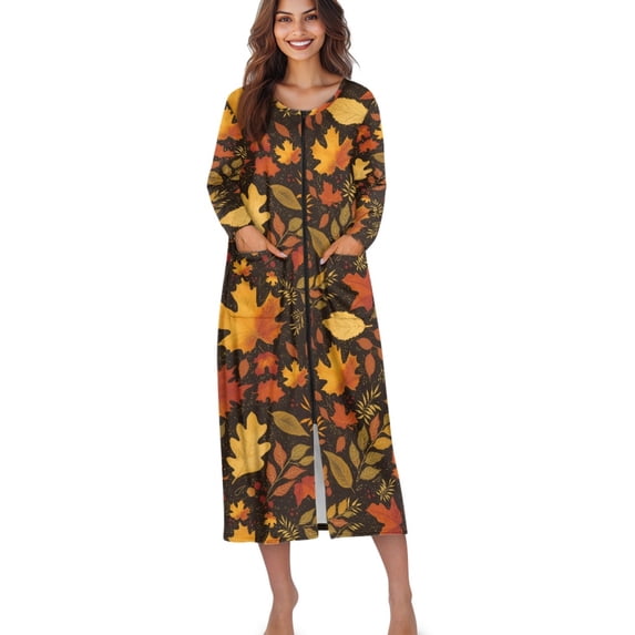Xoenoiee Maple Leaves Print Nightgown House Dress Thanksgiving Zip up Robes for Women Long Lounge Dress House Coat Women Full Length Loungewear, Size XL
